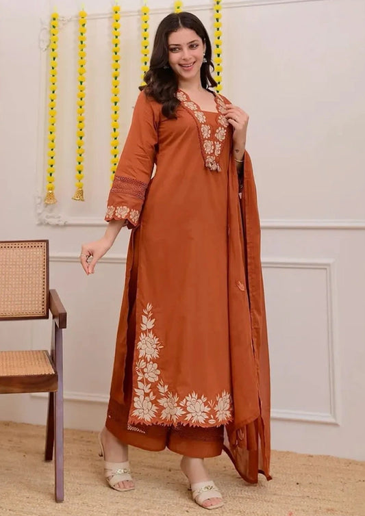 Party Wear Straight Cotton Kurti Pant Dupatta Set for Women