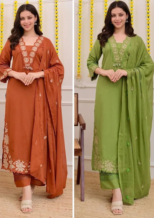 Party Wear Straight Cotton Kurti Pant Dupatta Set for Women