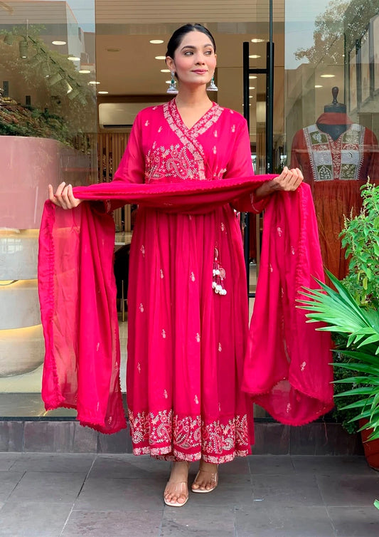 Karwachauth Special Angrakha Kurti Pant Dupatta Set