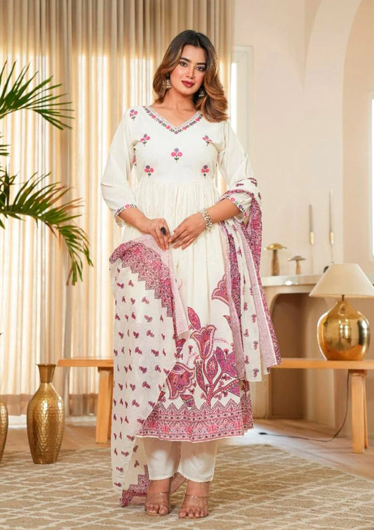 Pure Cotton Embroidered Kurti Pant Dupatta Set