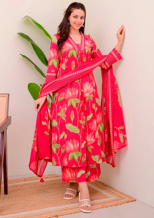 Premium Cotton 3 Piece Kurti Set with Palazzo & Malmal Dupatta