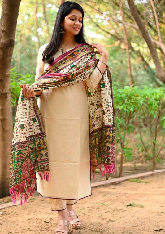Cream Cotton Kurta Set with Embroidered Chanderi Dupatta