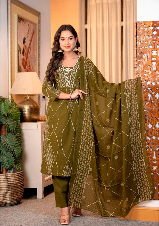 Cotton Embroidered Kurti Pant Dupatta Set for Women