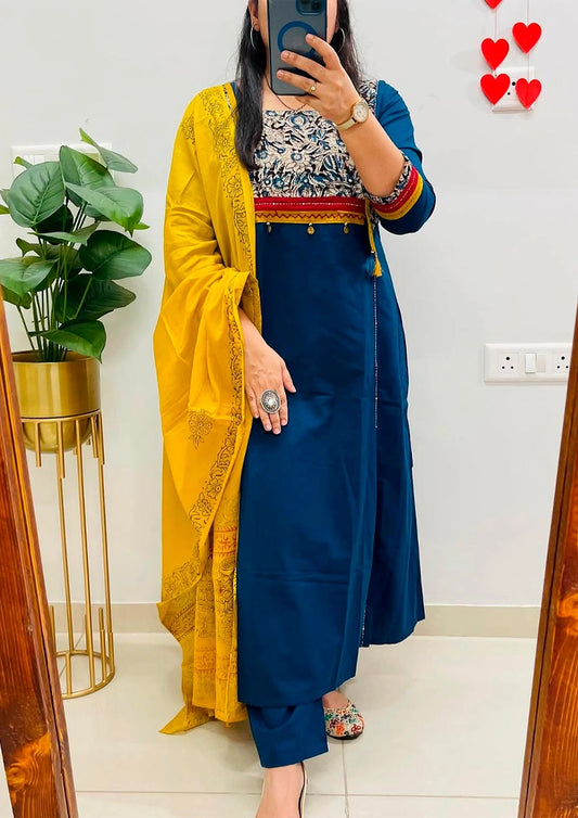 Festive Cotton Kurti Set with Pant & Dupatta