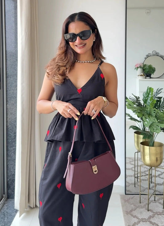 Women White & Black Embroidered Cotton Co-ord Set