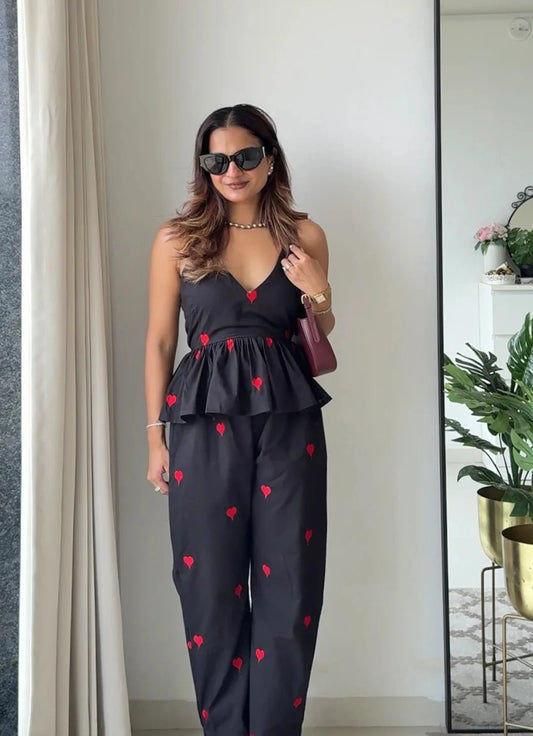 Women White & Black Embroidered Cotton Co-ord Set