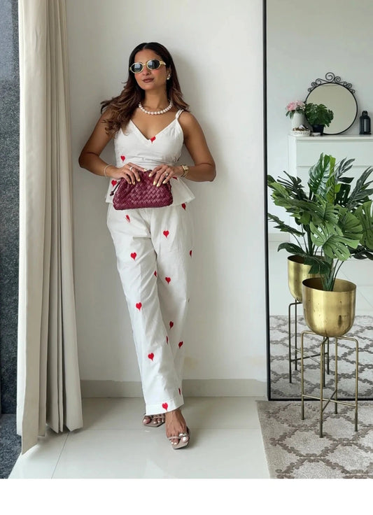 Women White & Black Embroidered Cotton Co-ord Set