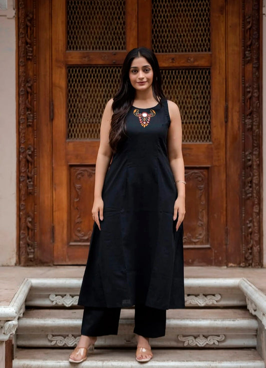 A-Line Cotton Slub Kurta Set with Pockets & Mirror Thread Embroidery