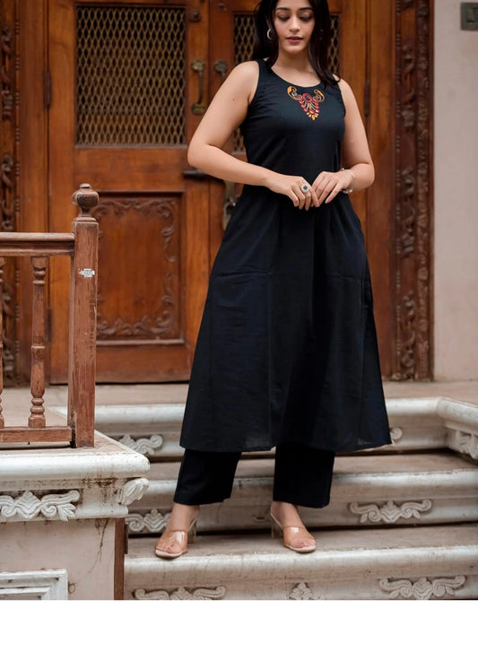A-Line Cotton Slub Kurta Set with Pockets & Mirror Thread Embroidery