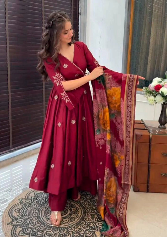 Pure Chinnon Silk Embroidery Gown with Dupatta Set