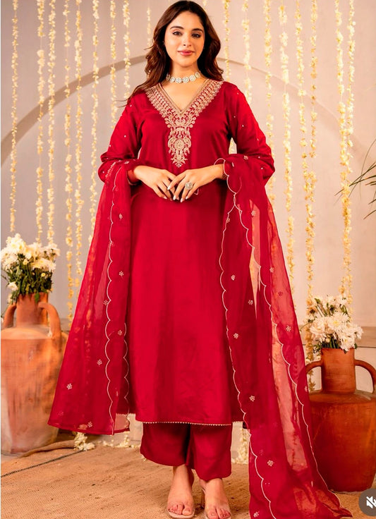 Women Elegant Red Roman Silk Kurti Pant Dupatta Set