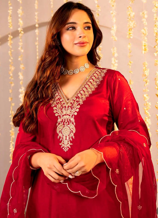Women Elegant Red Roman Silk Kurti Pant Dupatta Set