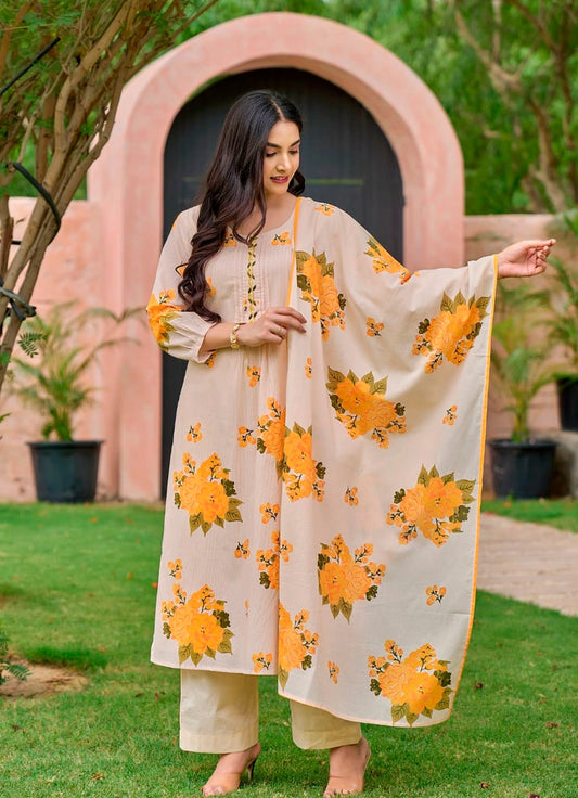 Women Elegant Heavy Cotton Kurti Pant Dupatta Set For