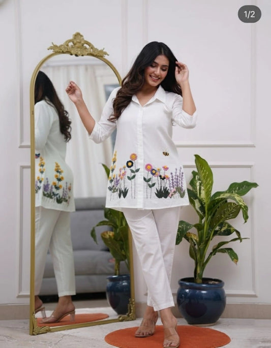 Elegant Cotton Slub Monochrome Pant Set for Women