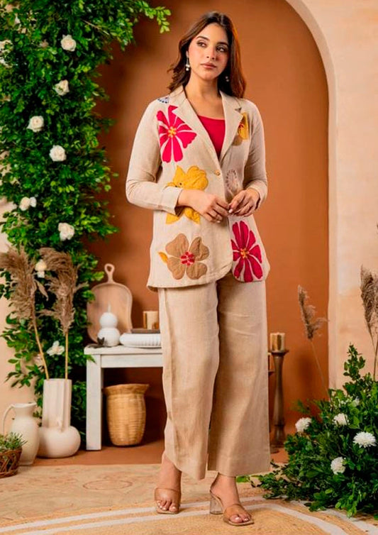 Women’s Cotton Flex Blazer Co-ord Set with Floral Embroidery
