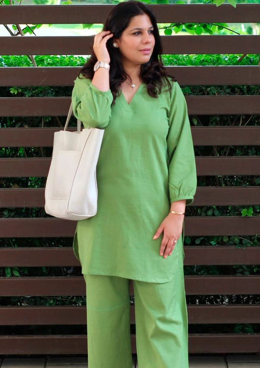 Elegant Cotton Slub Monochrome Pant Set for Women