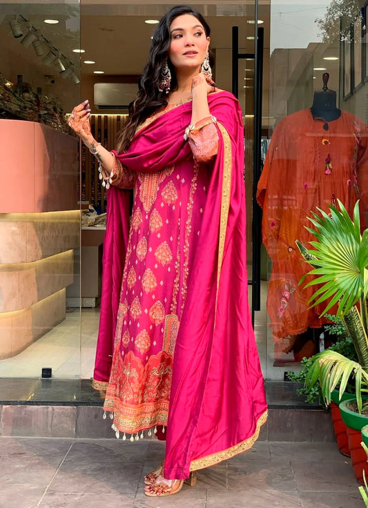 Pakistani Reshmi Pink Silk Suit Set For Women