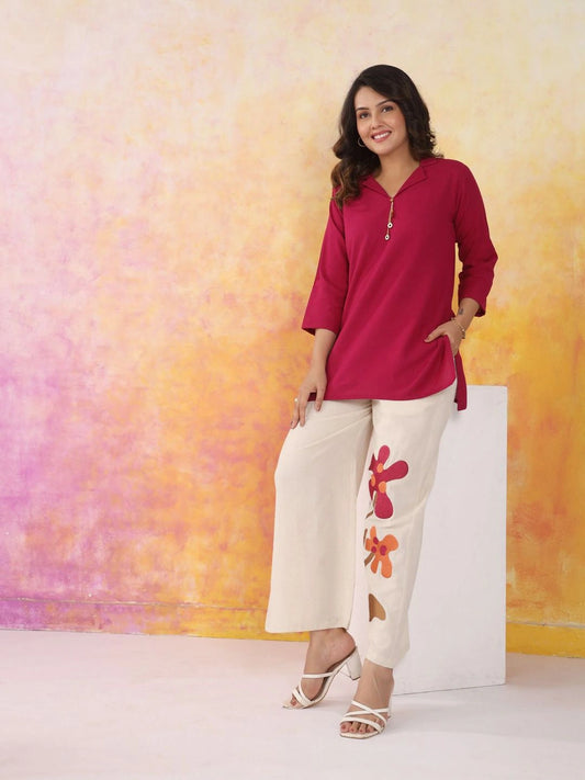 Berry Bloom Wine Cotton Flex Embroidered Co-ord Set