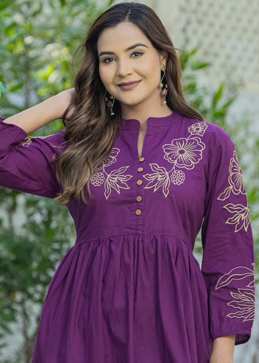 Women Purple Cotton Embroidery Midi Dress