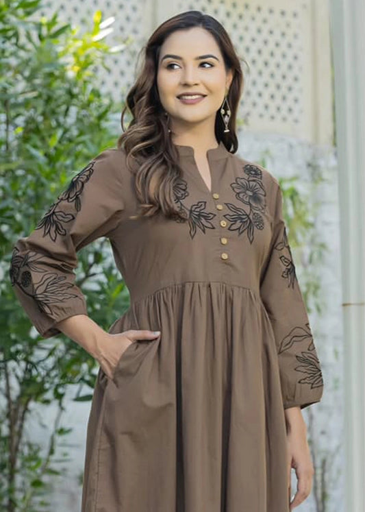 Women Brown Cotton Embroidery Midi Dress