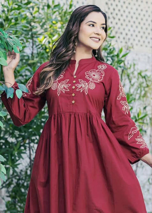 Women Maroon Cotton Embroidery Midi Dress
