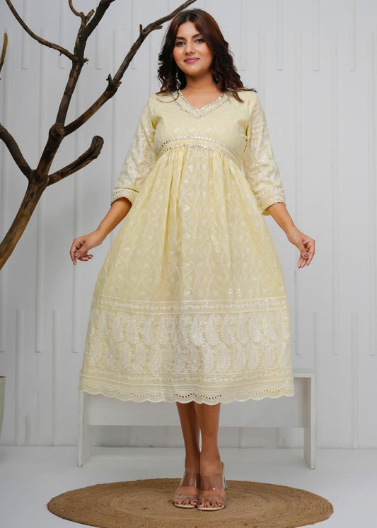 Women Yellow Cotton Chikankari Kurti with Mirror & Lace Work
