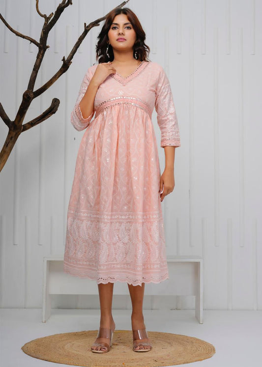 Women Pink Cotton Chikankari Kurti with Mirror & Lace Work