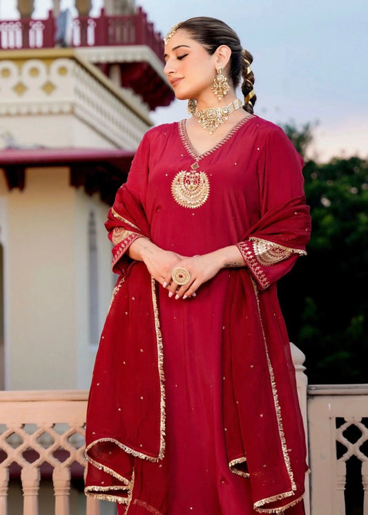 Regal Chinon Embroidered Straight Kurta Set with Dupatta