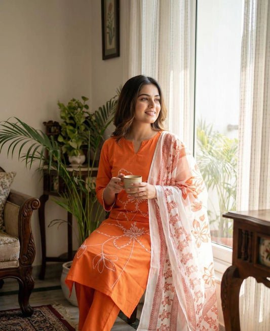 AnokhiVastra Pink Embroidered Kurti Set with Printed Dupatta