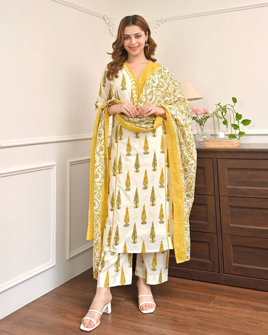 Premium Printed Cotton Kurta Pant Set with Mulmul Dupatta