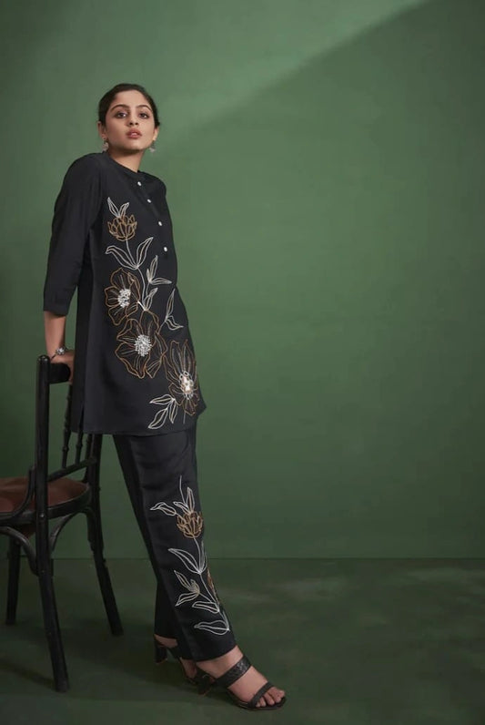 Elegant Black Embroidered Cotton Co-ord Set
