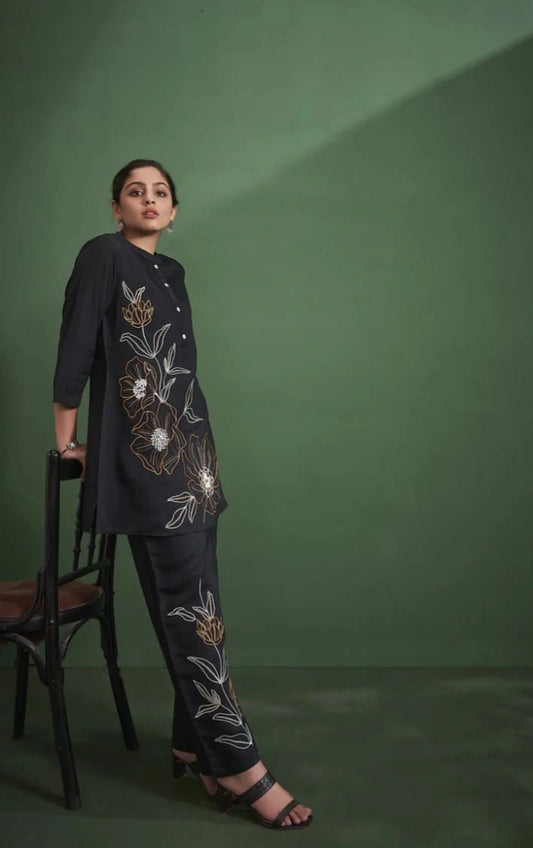 Elegant Black Embroidered Cotton Co-ord Set