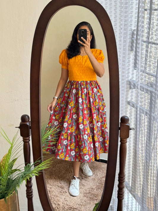 Hakoba Cotton Midi Dress with Floral Umbrella Flair