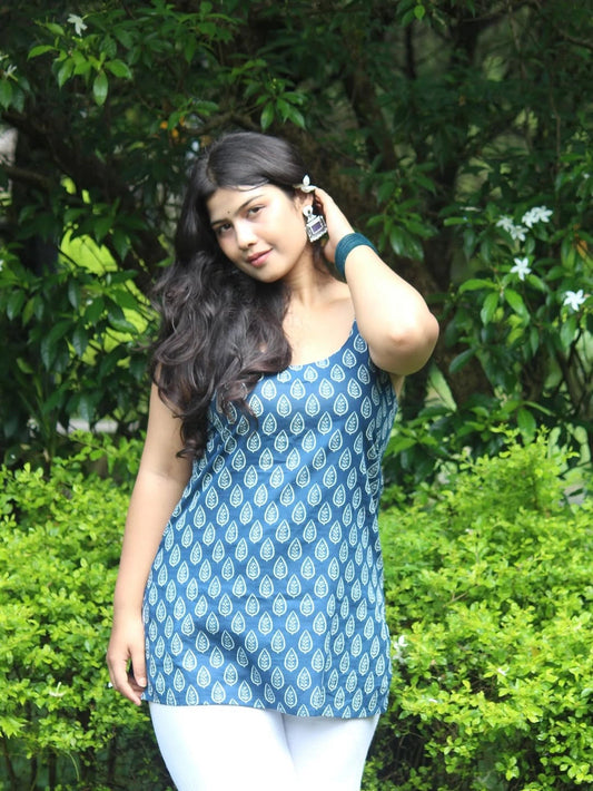 Printed Cotton Strappy Top with Crisscross Back Detail