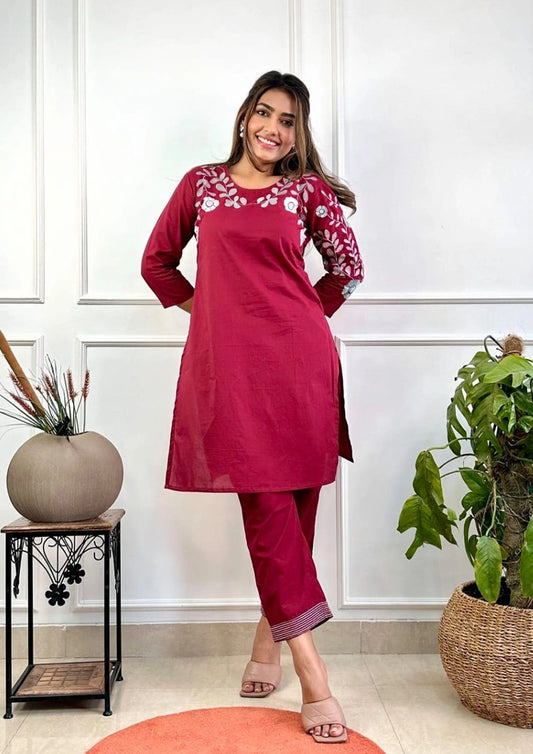 New Cotton Kurta Pant Cord Set With Beautiful Thread Embroidery Work