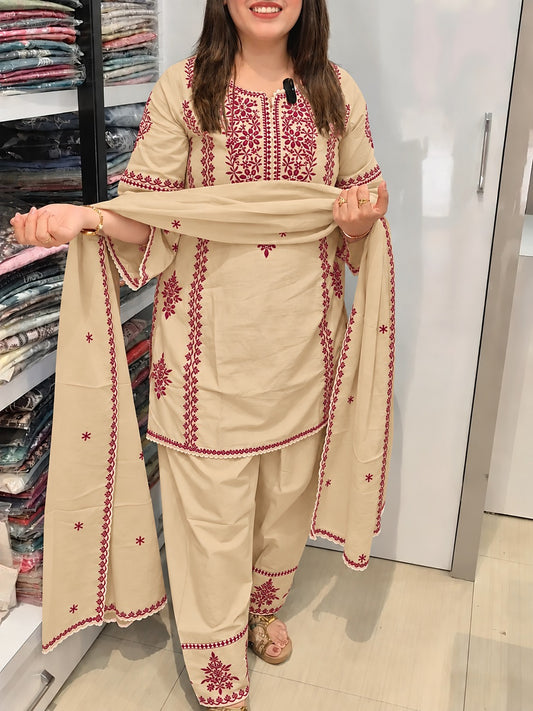 Pure Cotton Embroidered Farshi Salwar Suit Set – 3 Piece Collection