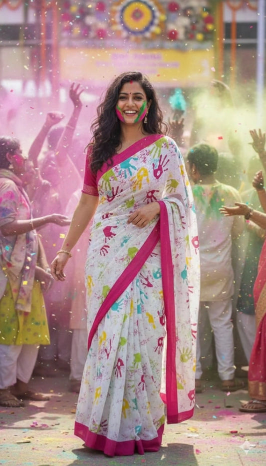 Holi Special Cotton Mulmul Saree with Blouse – Soft & Lightweight Festive Wear