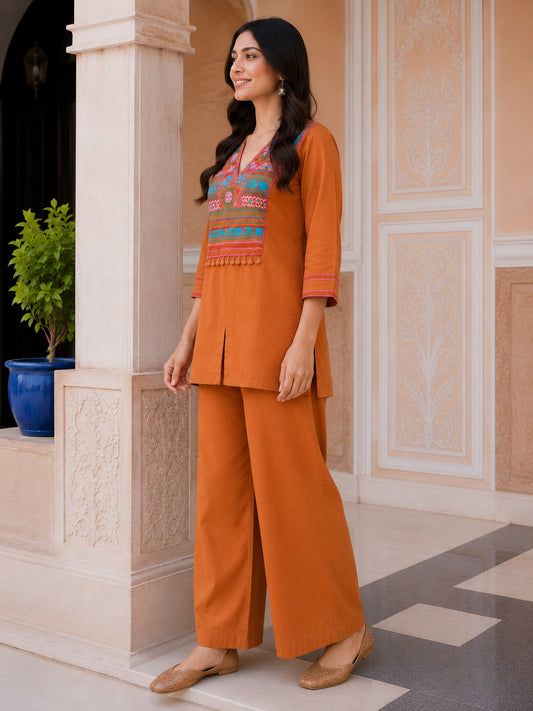 Rust Orange Embroidered Cotton Co-Ord Set