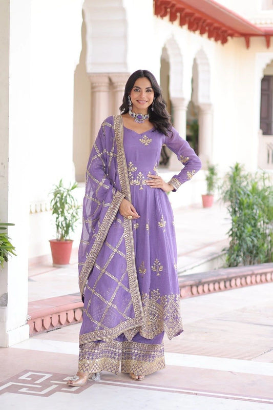 Purple Anarkali Embroidered Gown with Pant and Dupatta