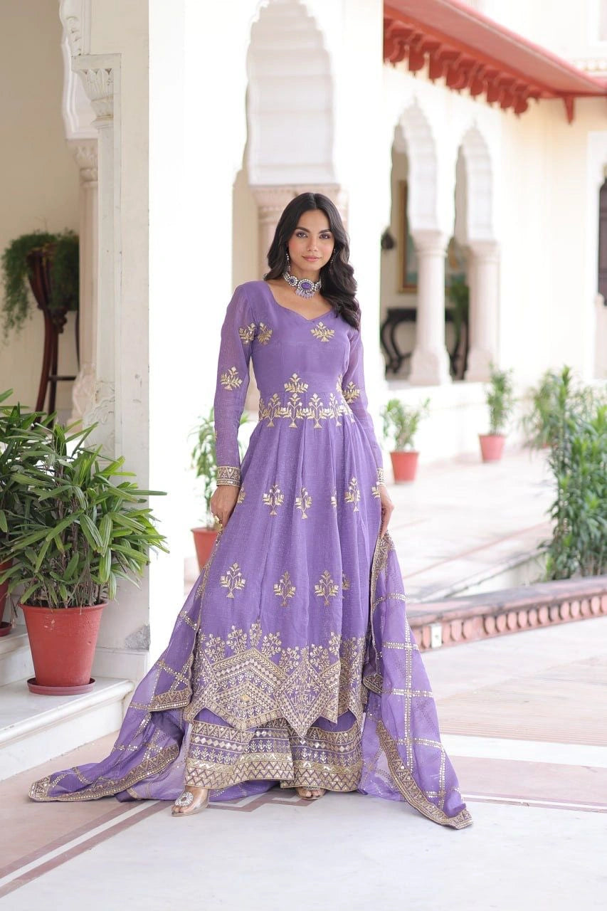 strapless open back dress Purple Anarkali Embroidered Gown with Pant and Dupatta – AnokhiVastra