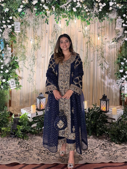 Designer Georgette Kurti Plazzo Set with Sequins & Zari Work (1438)