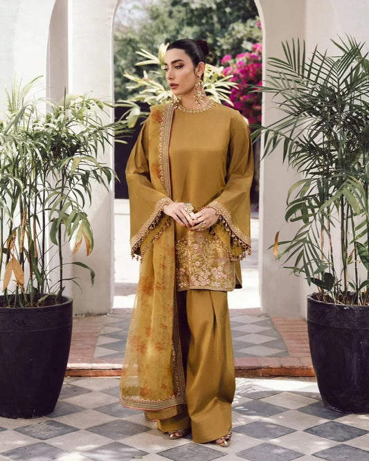Luxury French Crepe Silk Embroidered Top, Farshi Pant & Dupatta Set