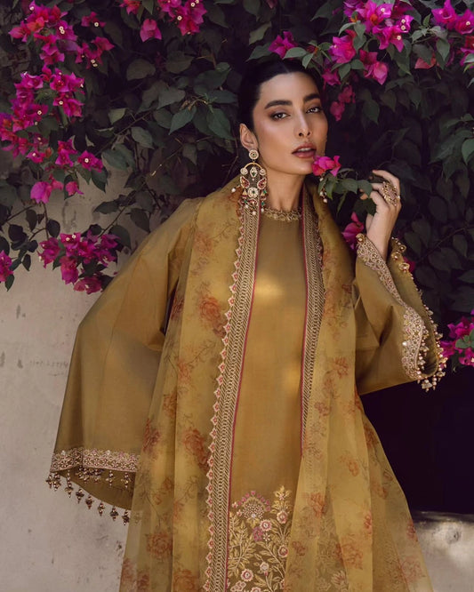 Luxury French Crepe Silk Embroidered Top, Farshi Pant & Dupatta Set