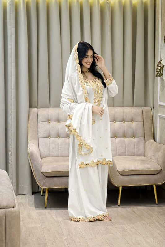 Designer Chinon Silk Heavy Embroidered Top Sharara & Dupatta Set