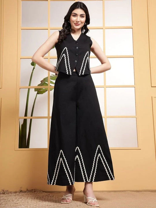 Women Indo Western Waist Coat With White Zigzag Lace Trousers Co-Ords Set