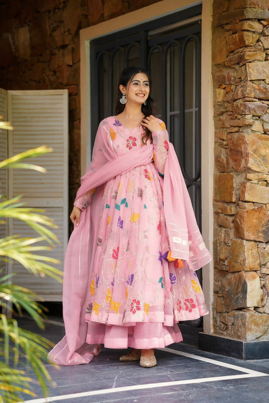 Designer Floral Embroidered Georgette Gown with Sharara & Dupatta Set