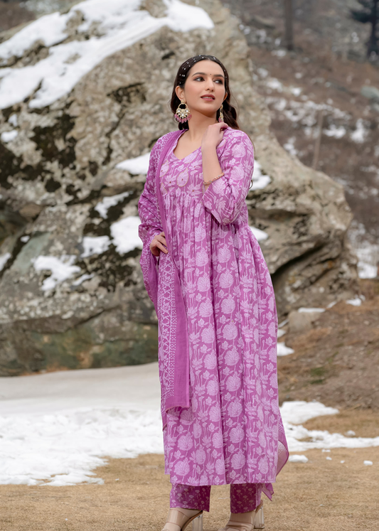 Flora Printed Cotton Anarkali Suit Set with Dupatta