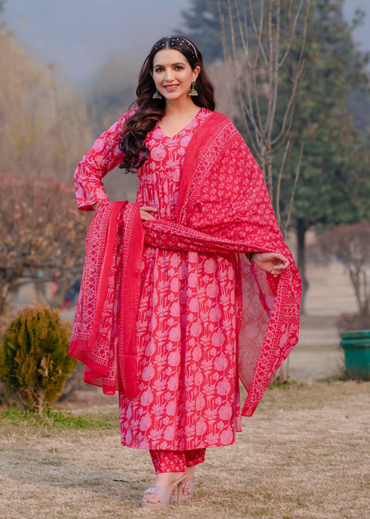 Flora Printed Cotton Anarkali Suit Set with Dupatta