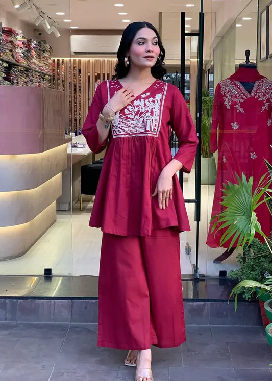 Women Orange Embroidered Cotton Cord Set