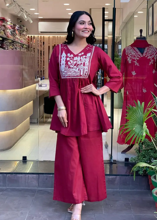 Women Orange Embroidered Cotton Cord Set